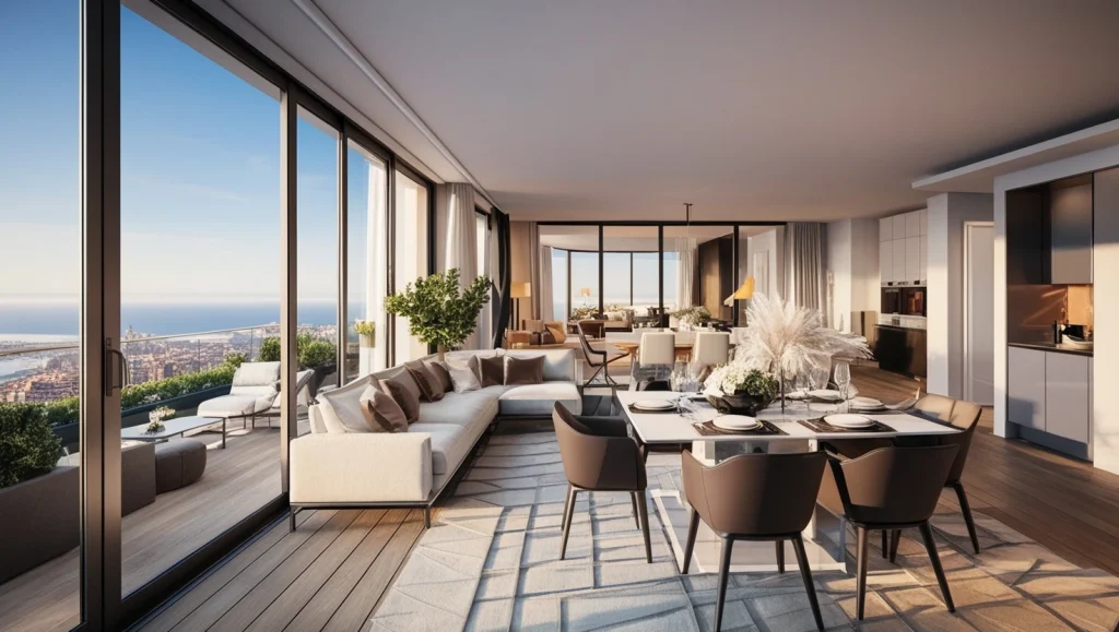 Amplio salón comedor con terraza y vistas panorámicas al mar y la ciudad en uno de los pisos de lujo en Barcelona.