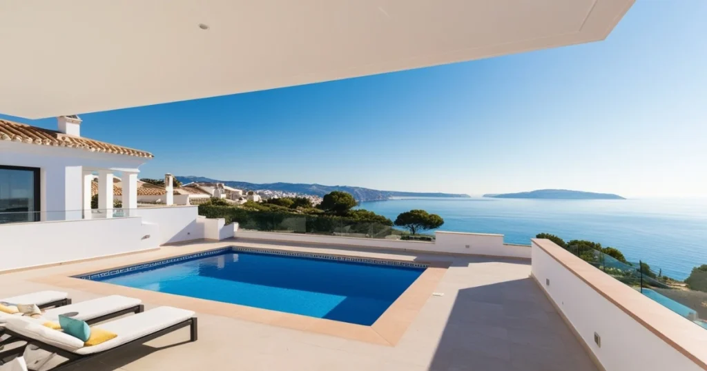 Villa de lujo con piscina infinita y vistas panorámicas al mar en Valencia, con terraza soleada y tumbonas, ideal para disfrutar del clima mediterráneo.