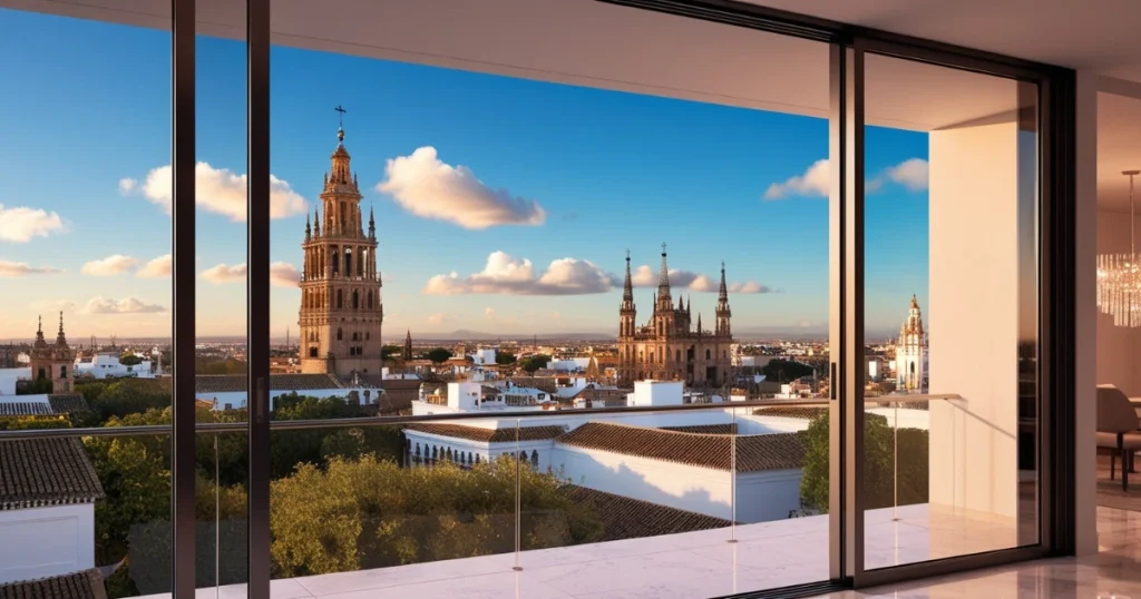 ista desde la terraza de una vivienda moderna en Sevilla con panorámica de la Giralda y la Catedral, reflejando el atractivo de comprar casa en Sevilla en 2025.