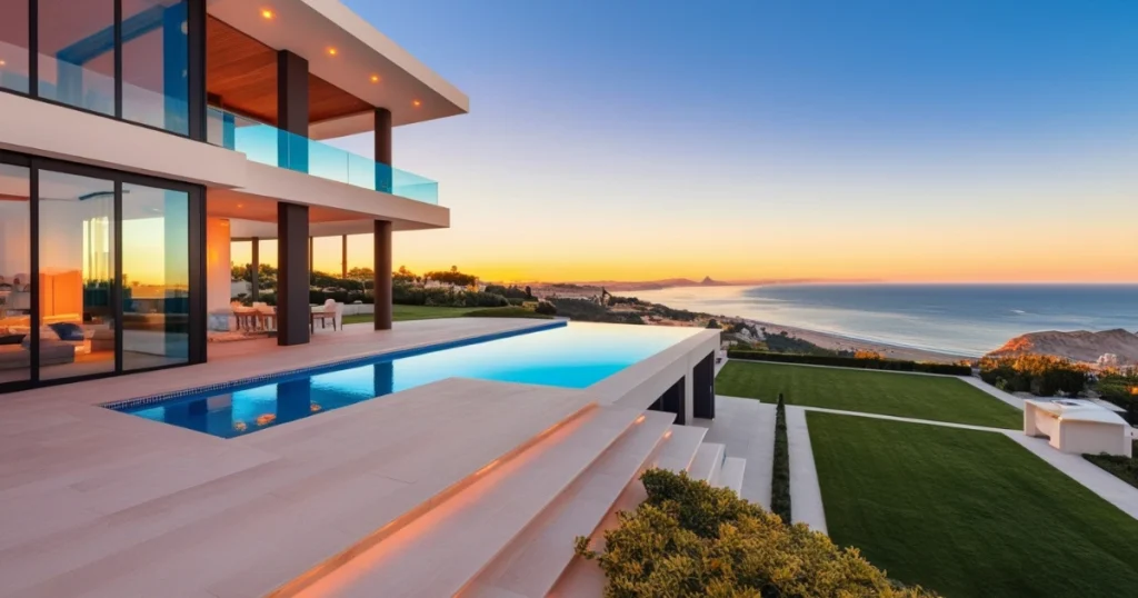 Moderna casa de lujo en Valencia con piscina infinita y vistas panorámicas al mar Mediterráneo al atardecer.