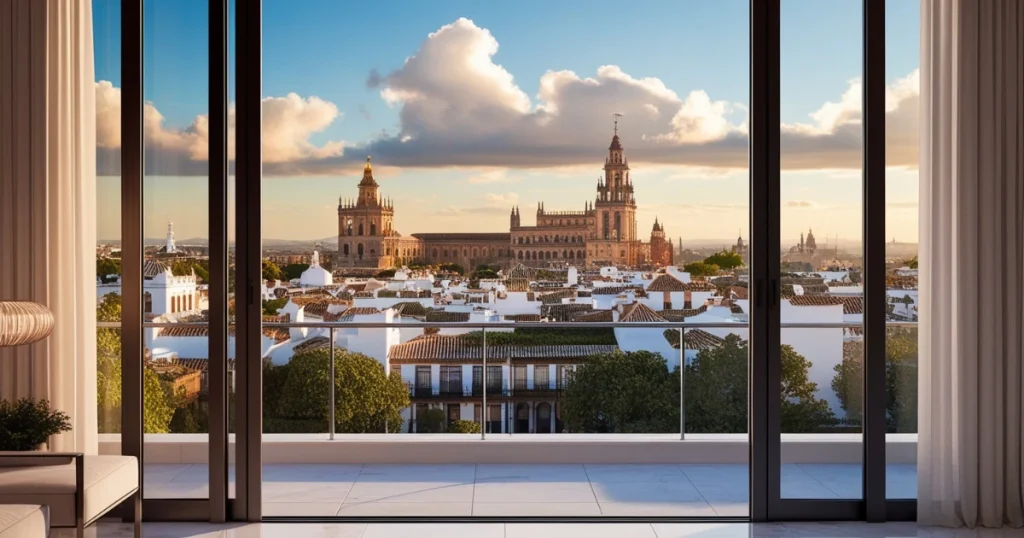 Vista panorámica de la Catedral de Sevilla desde la terraza de una vivienda moderna, ideal para quienes buscan comprar casa en Sevilla en 2025.