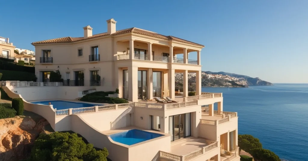 Exclusiva villa con vistas al mar en la costa de Valencia, ejemplo de casas de lujo en Valencia con piscina infinity, amplias terrazas y arquitectura mediterránea elegante.