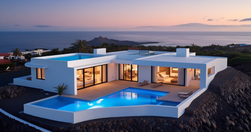 Luxury villa with modern design, infinity pool, and stunning ocean views at sunset in Costa Adeje, Tenerife.