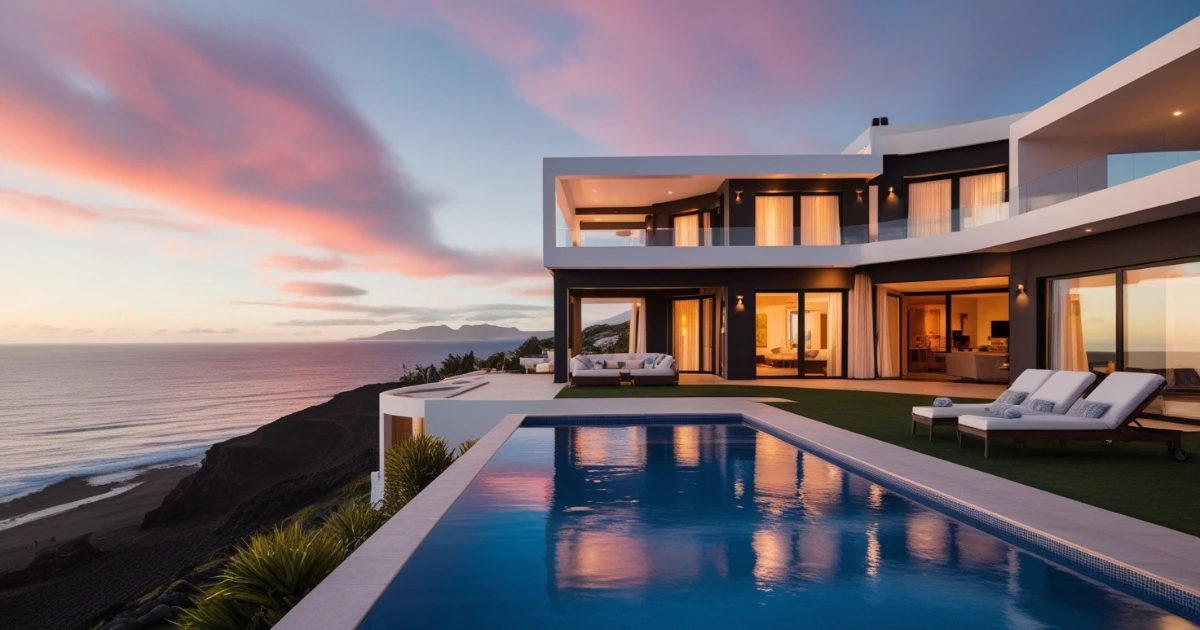 Luxury villa for sale in Costa Adeje with infinity pool and breathtaking ocean views at sunset.