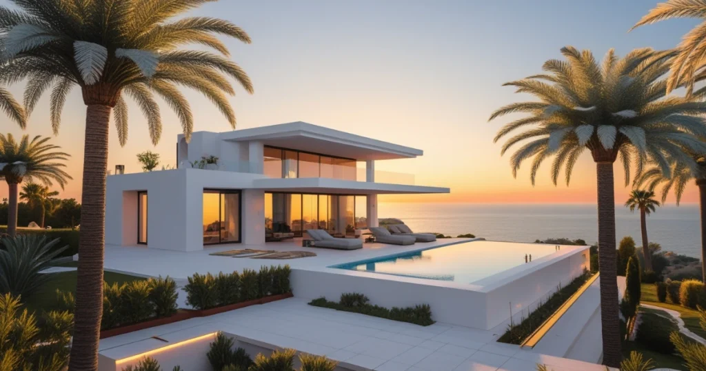 Modern luxury villa with infinity pool and ocean view at sunset — premium properties for sale near me.