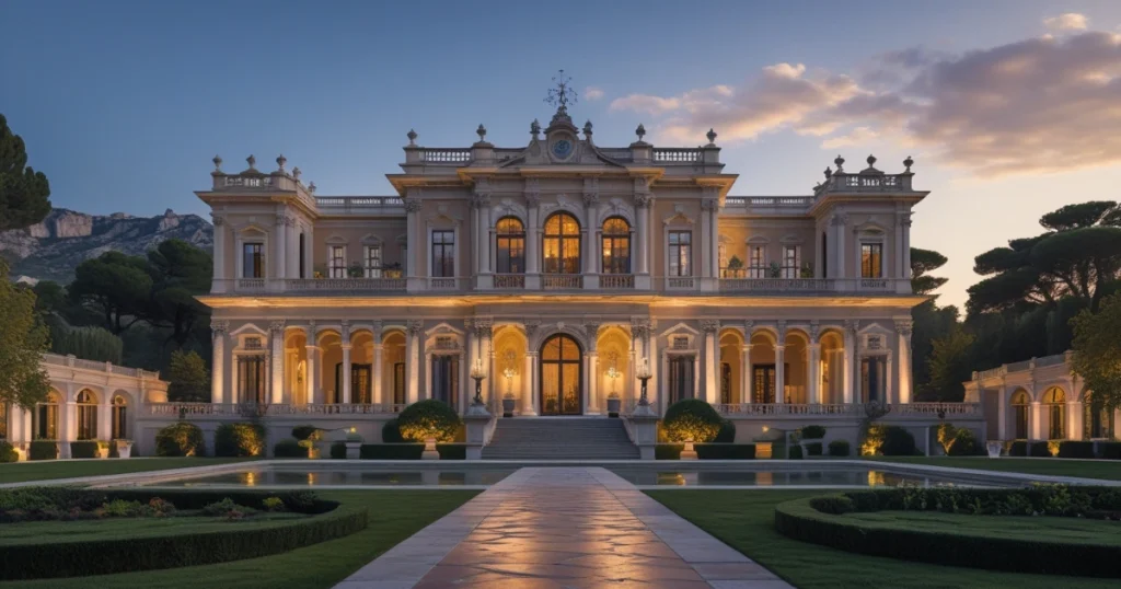 Fachada iluminada de un majestuoso palacio con jardines elegantes y arquitectura clásica, representando la exclusividad en la venta de casas señoriales y palacios en España.