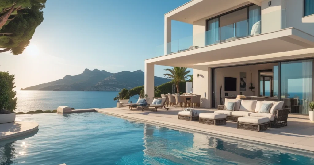 Villa moderna frente al mar con piscina privada, terraza amueblada y vistas panorámicas al atardecer, ideal para alquiler de villas de lujo con piscina privada en España.