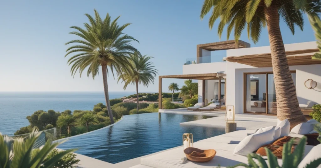 Luxury seafront villa with infinity pool and palm trees, perfect for those looking to buy house in Ibiza.