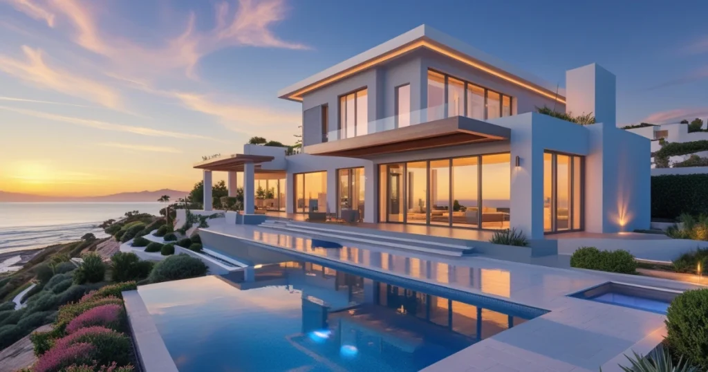 Casa lujosa moderna con piscina infinita frente al mar al atardecer.