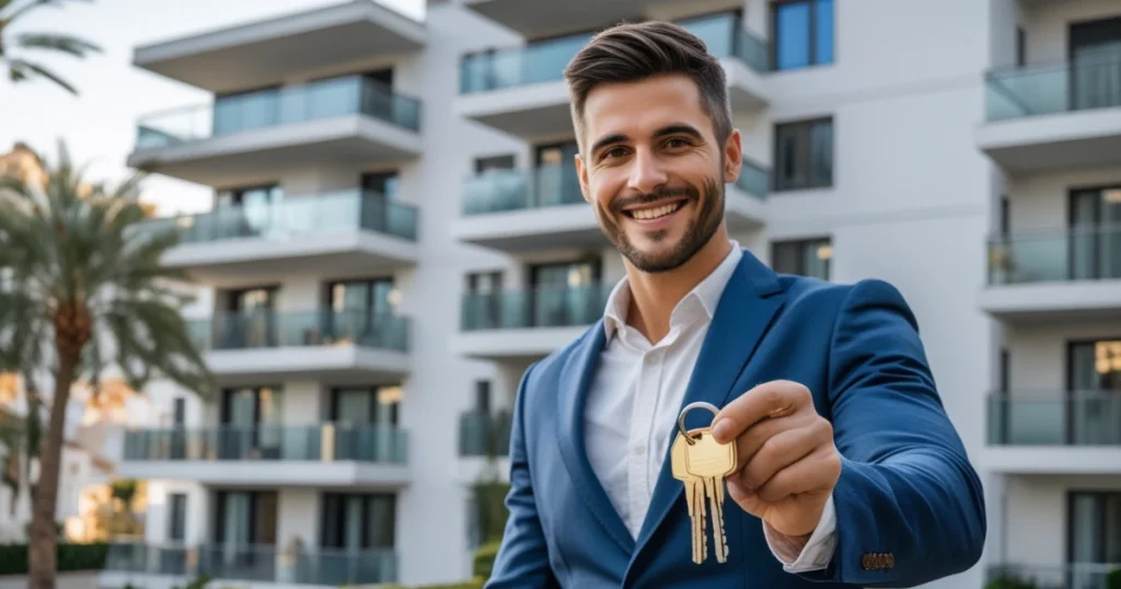 Agente inmobiliario sonriendo y entregando llaves frente a edificio moderno, simbolizando que invertir en bienes inmuebles es rentable y una buena opción si te preguntas si es rentable comprar una segunda vivienda para alquilar.
