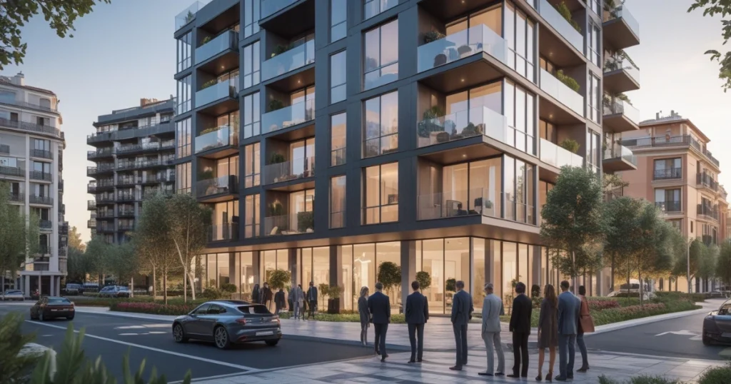 dificio moderno en una zona residencial de Madrid con personas observando la entrada, ilustrando los requisitos para comprar un piso en Madrid.