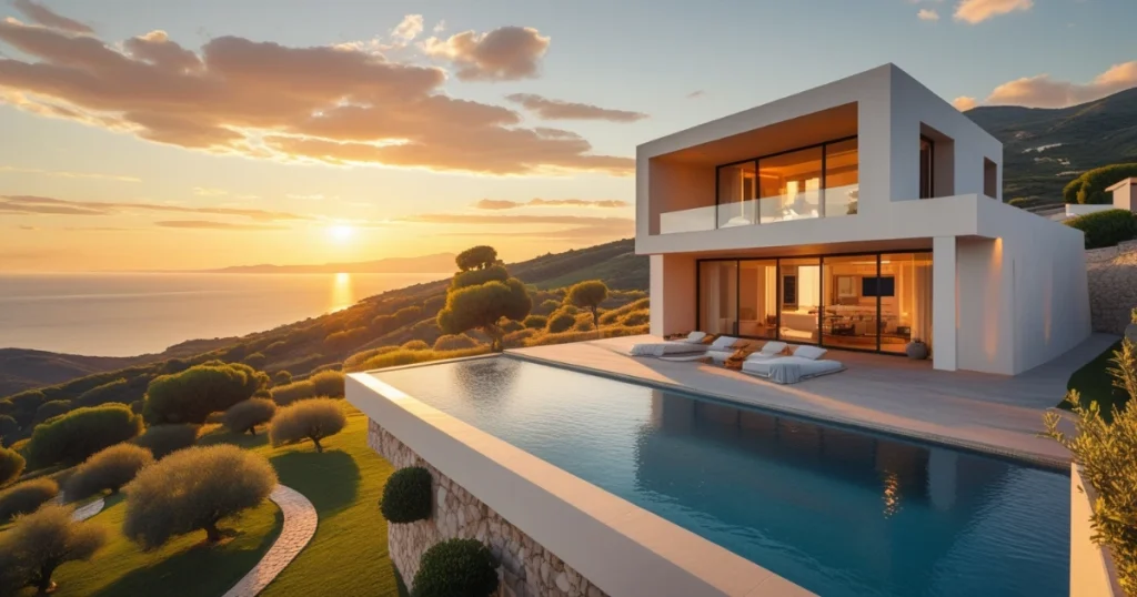 Luxury modern villa with infinity pool at sunset in Spain, illustrating lifestyle strategies for how to avoid capital gains tax in Spain legally and efficiently.