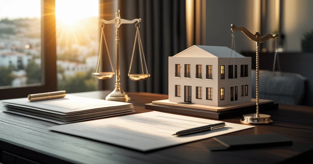 Close-up of legal documents, scales of justice, and a house model symbolising expert legal help to claim in Spain for a property deposit.