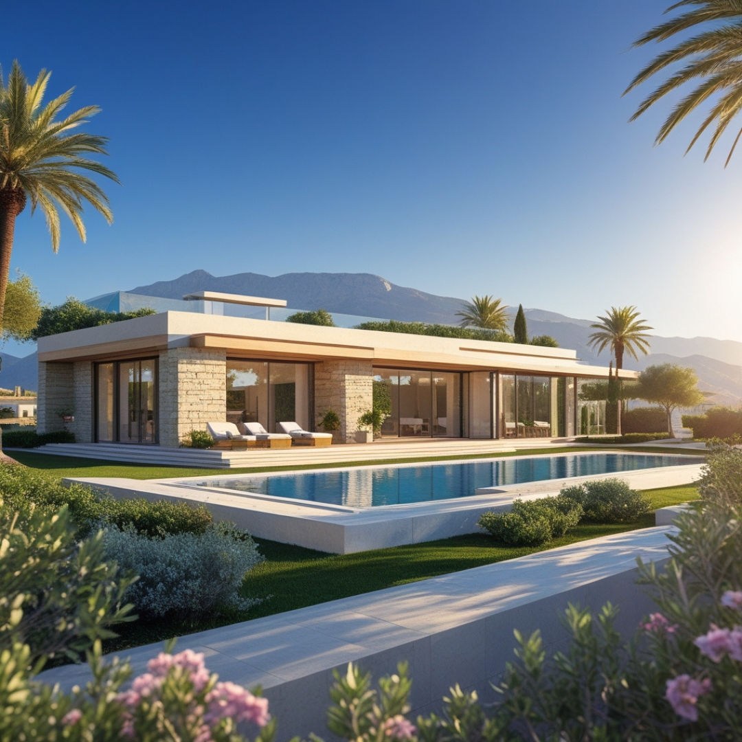 Modern Mediterranean villa with pool and mountain views, representing luxury properties for sale in completed development projects in Spain.