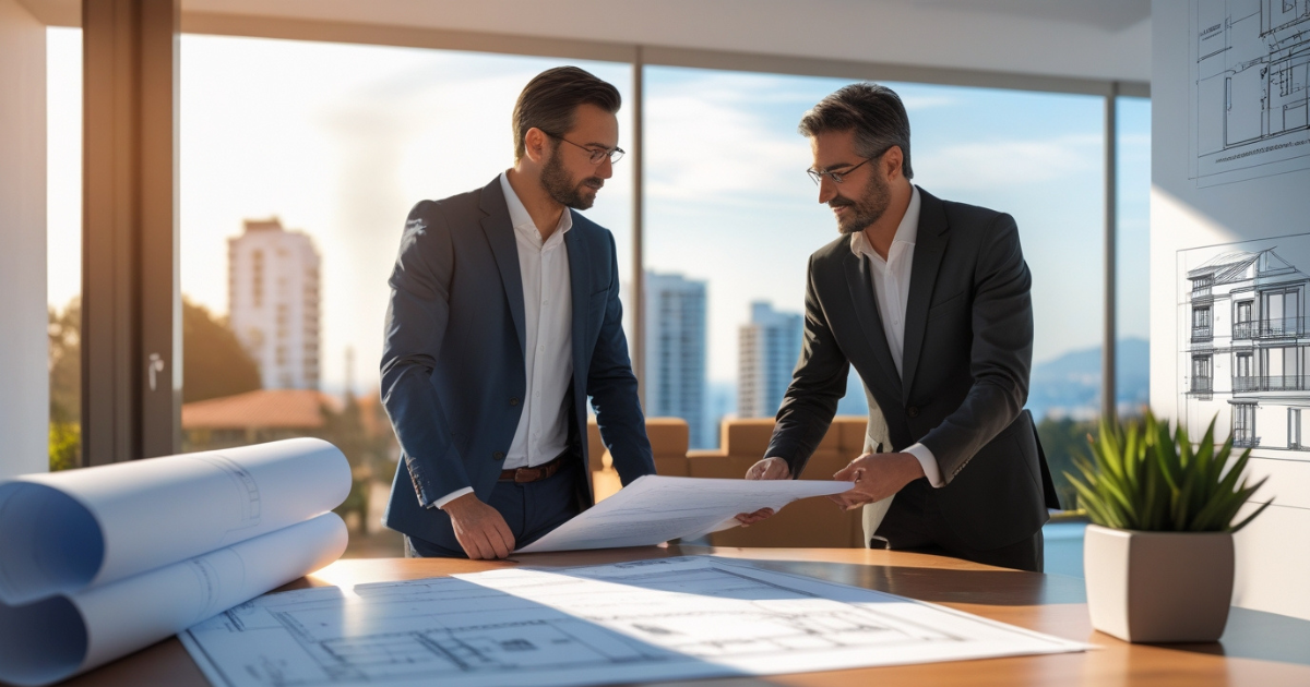 Two professional property developers in Spain reviewing architectural plans in a modern office, representing expert legal and strategic guidance for real estate projects.
