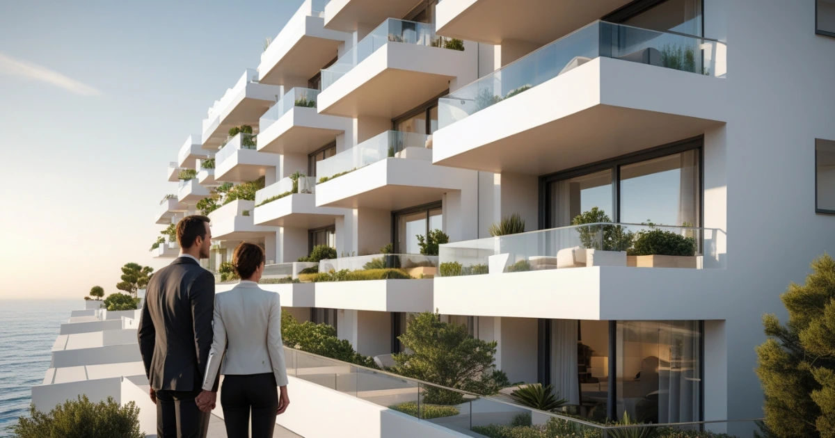 Modern apartment building by the sea representing the horizontal property regime in Spain, illustrating shared ownership and community rules.