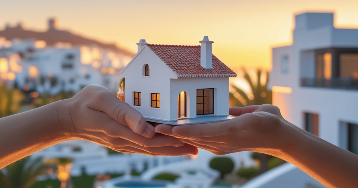 Hands exchanging a model house at sunset, symbolizing who inherits property in Spain under Spanish inheritance law.