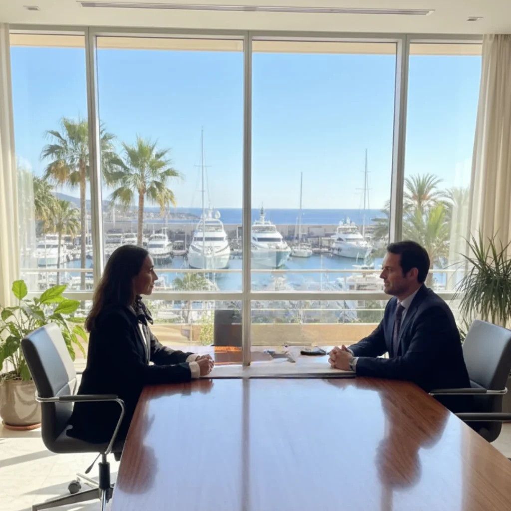 Abogado y cliente reunidos en despacho con vistas al puerto, analizando una herencia inmobiliaria y ofreciendo asesoría legal especializada en sucesiones de bienes inmuebles.