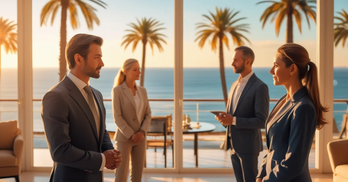 Abogados especializados en la ley de propiedad horizontal reunidos en una terraza con vistas al mar, dialogando sobre la gestión de comunidades de propietarios y conflictos vecinales.