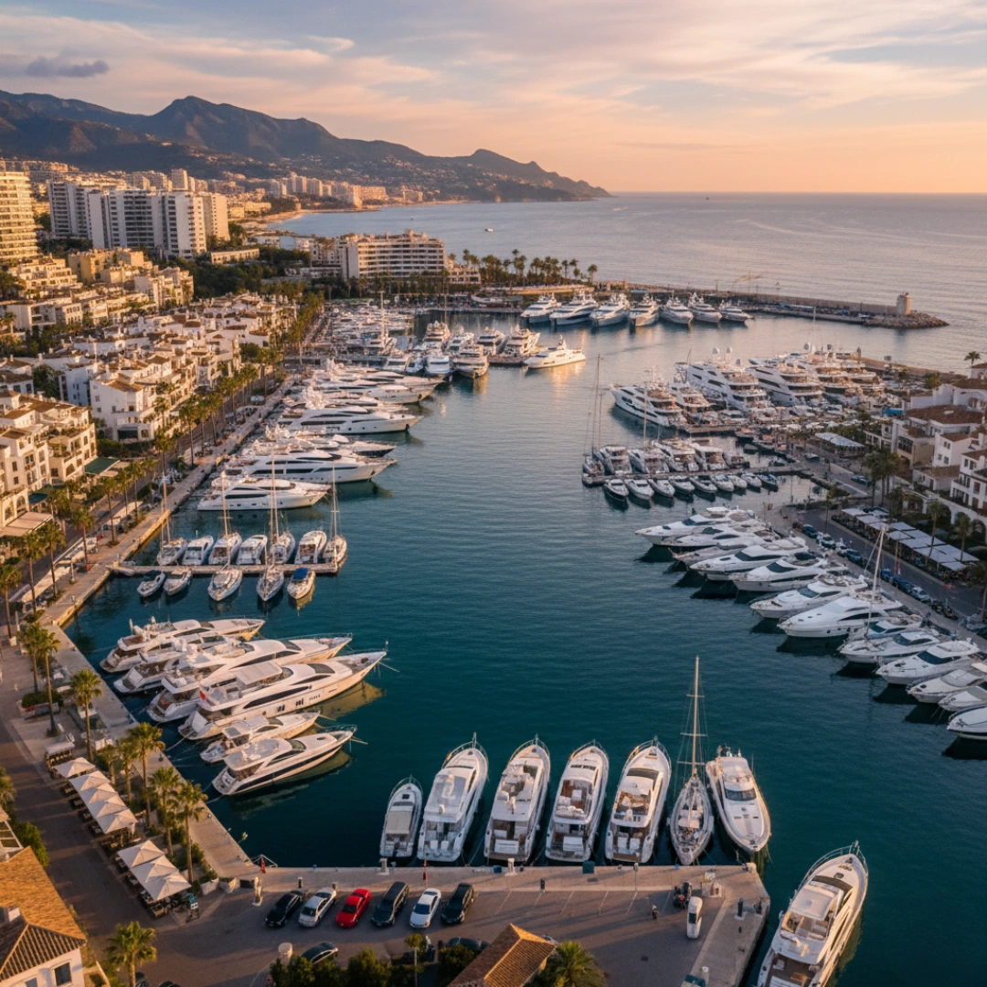 Vista aérea del puerto deportivo de Marbella al atardecer, reflejando el valor de realizar una due diligence inmobiliaria Marbella antes de invertir en propiedades de lujo.