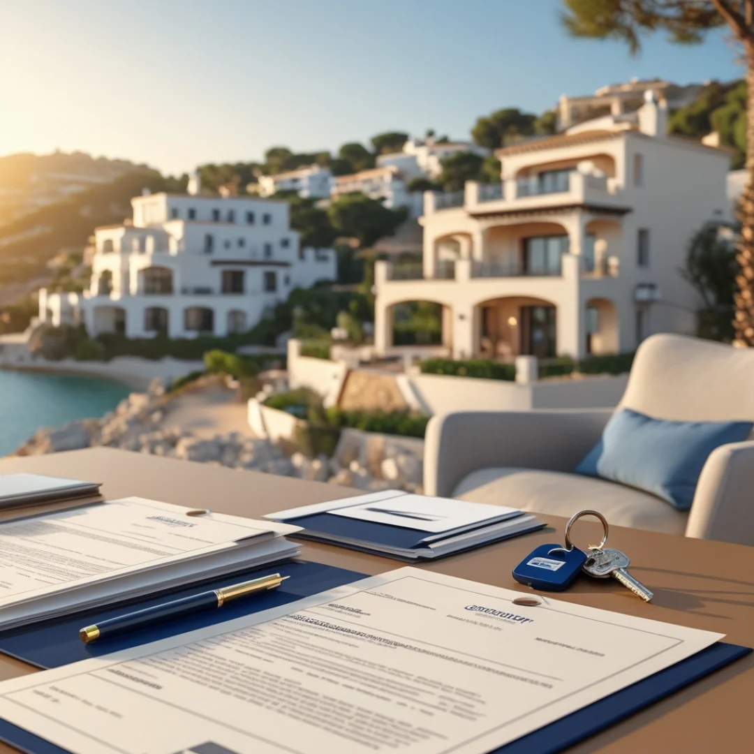Luxury coastal villas and property documents on a table, symbolizing a professional due diligence real estate checklist prepared by expert real estate solicitors in Spain.