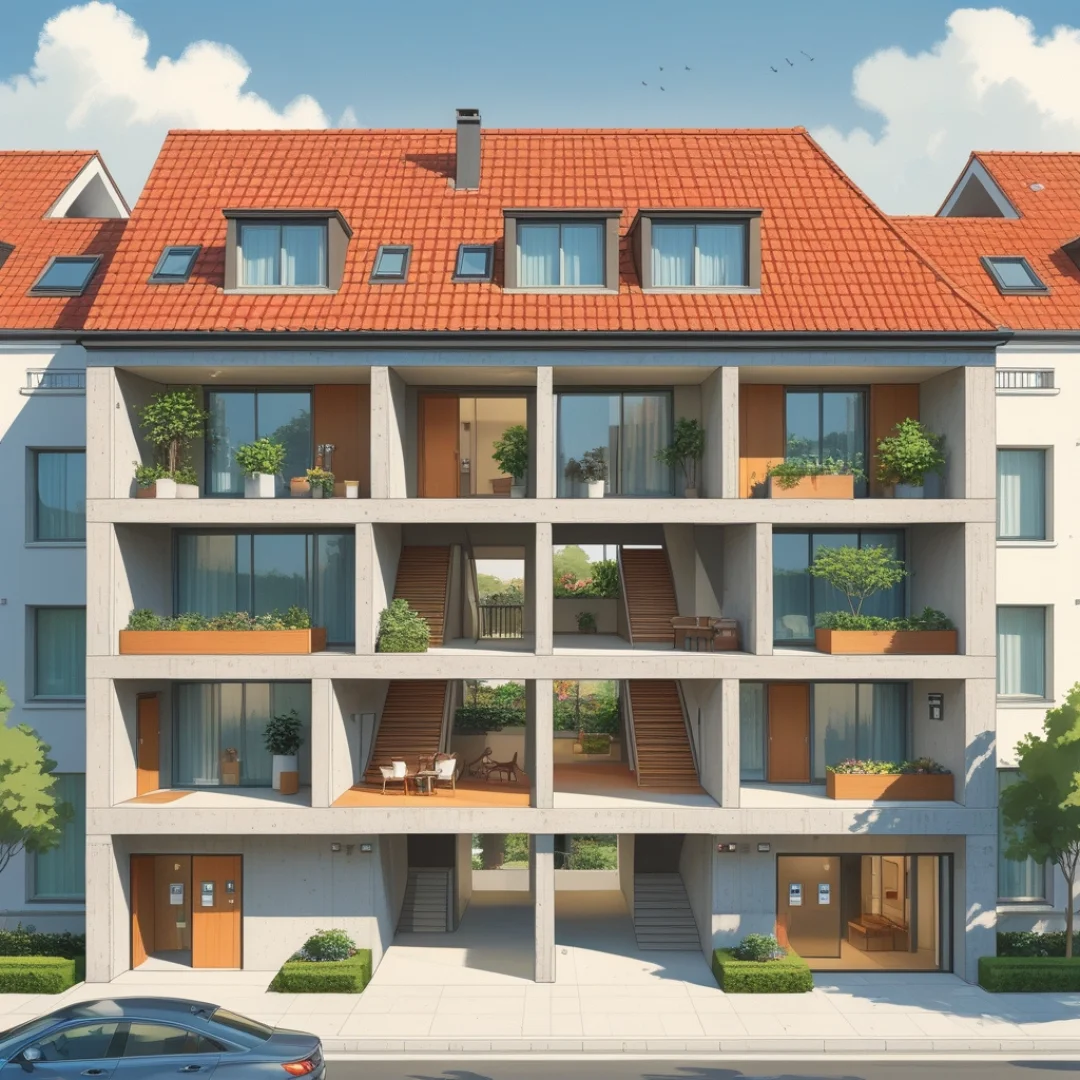 Edificio residencial moderno con terrazas y zonas compartidas que representan los elementos comunes regulados por la Ley de Propiedad Horizontal y su gestión jurídica.