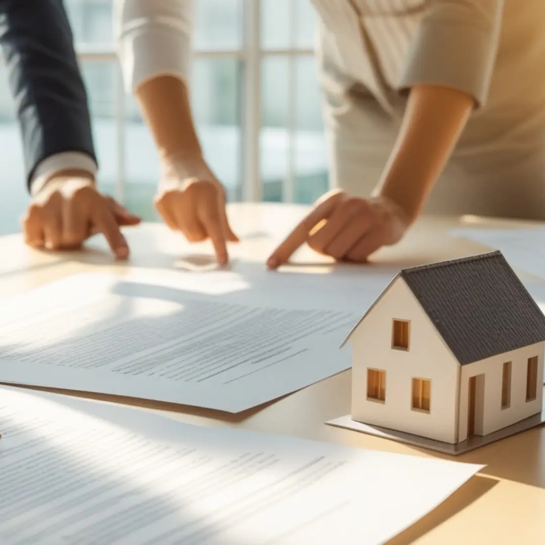 Manos de abogados señalando documentos legales sobre una mesa junto a una maqueta de vivienda, representando la resolución de herencias inmobiliarias con conflicto.