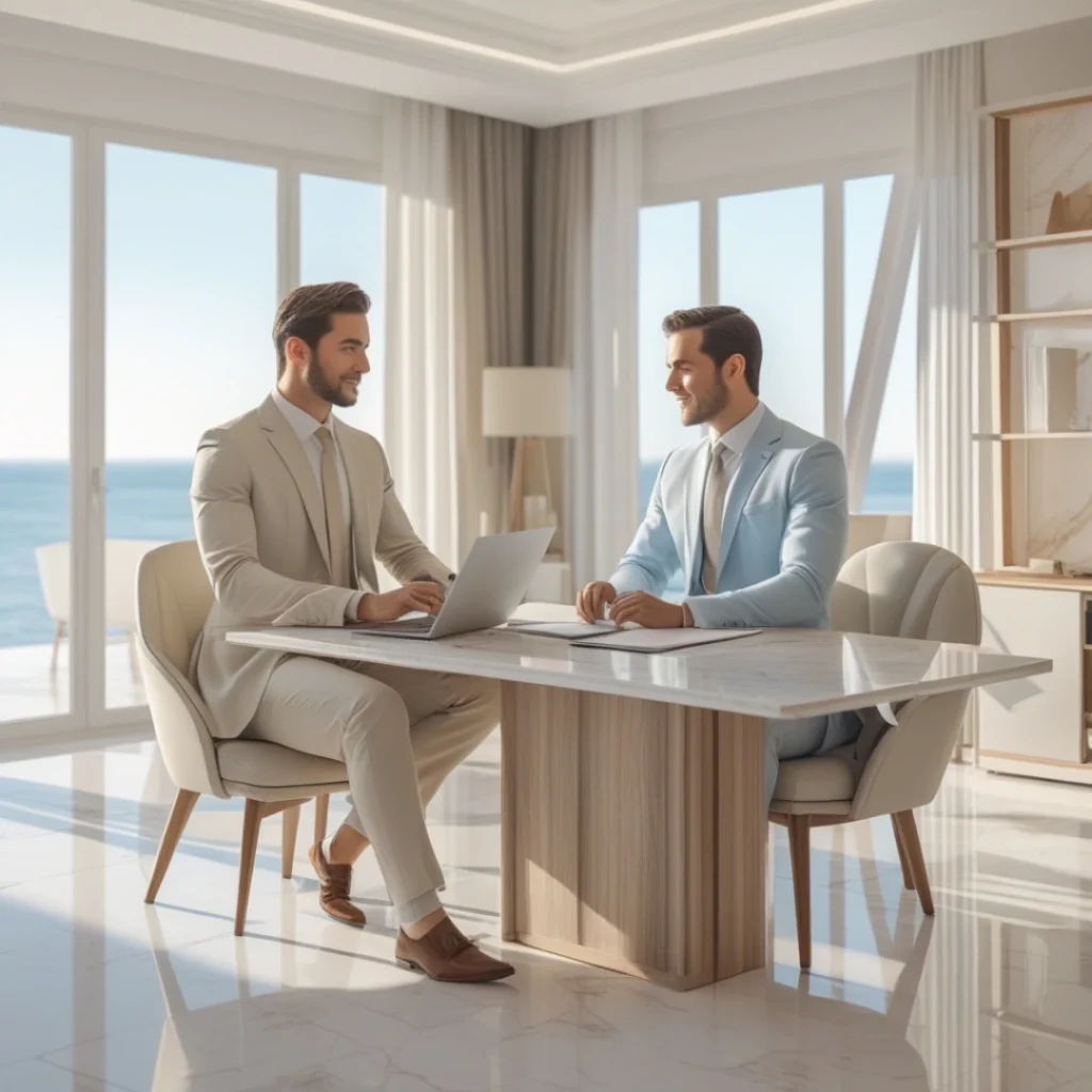Two professional lawyers discussing documents on inheritance tax, representing an inheritance tax Spanish lawyer offering expert legal advice.