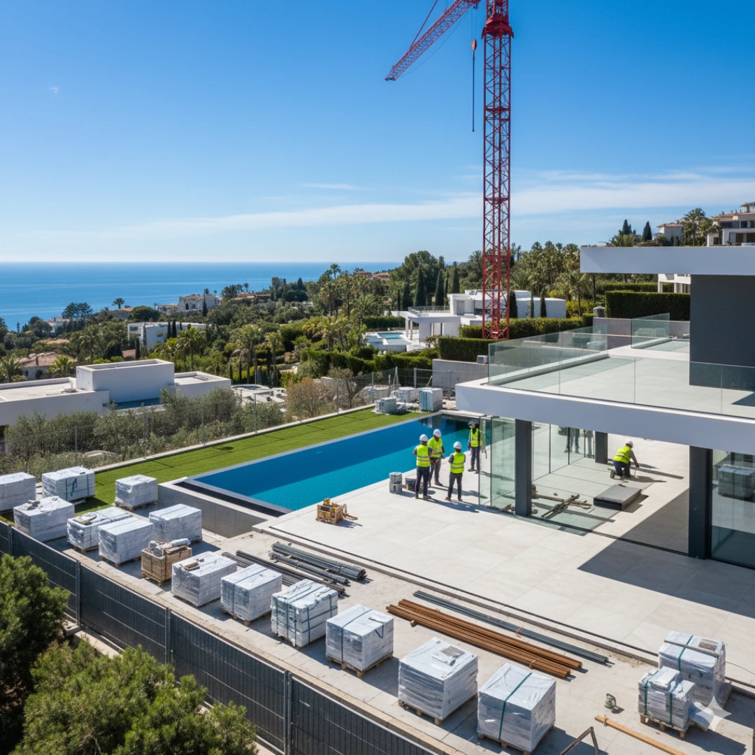 Promotores y técnicos supervisando la construcción de una villa de lujo en la Costa del Sol, ejemplo del crecimiento del mercado de obra nueva en Marbella.