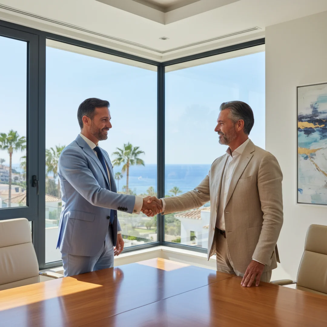 Two real estate lawyers shaking hands in a Marbella office after closing a deal, symbolizing transparency and clarity in property contract cost and legal services.