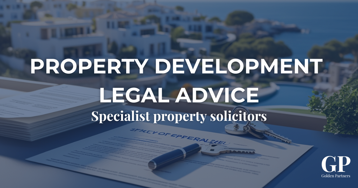 Documents, pen and keys on a desk overlooking luxury villas by the sea, representing expert property development legal advice from specialist real estate solicitors.