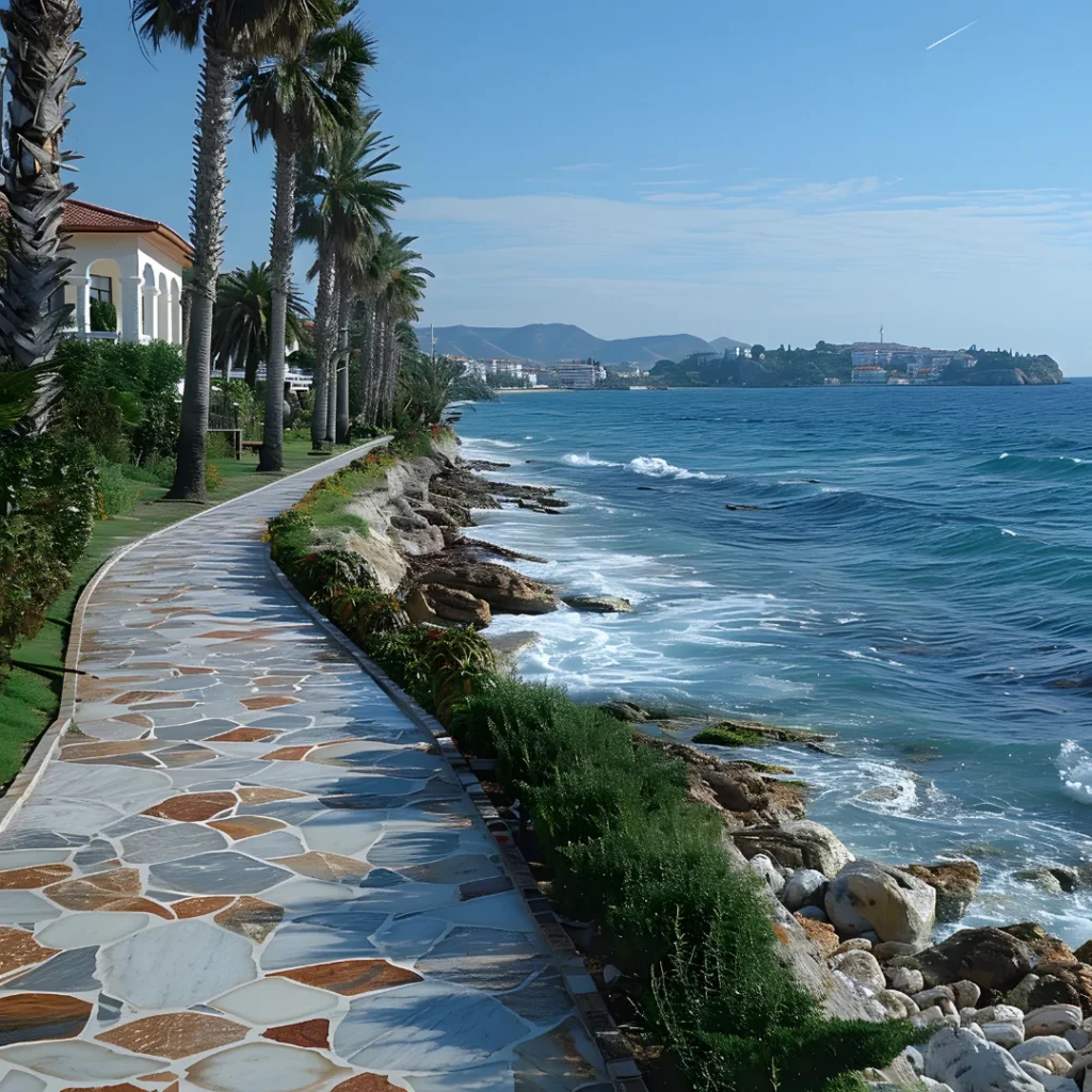 Coastal walkway in Marbella lined with palm trees and luxury villas beside the Mediterranean Sea, illustrating the appeal of land Marbella for premium real estate opportunities.