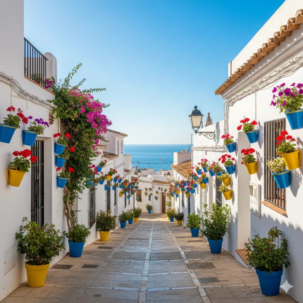 Charming street in Estepona, Spain, decorated with colorful flower pots and whitewashed houses overlooking the sea, representing real estate opportunities in Estepona.