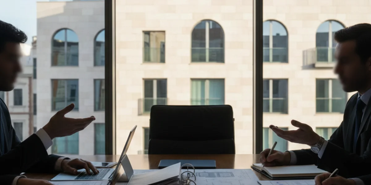 Two business professionals discussing documents in a modern office meeting room, illustrating tax and advisory services for companies and investors.