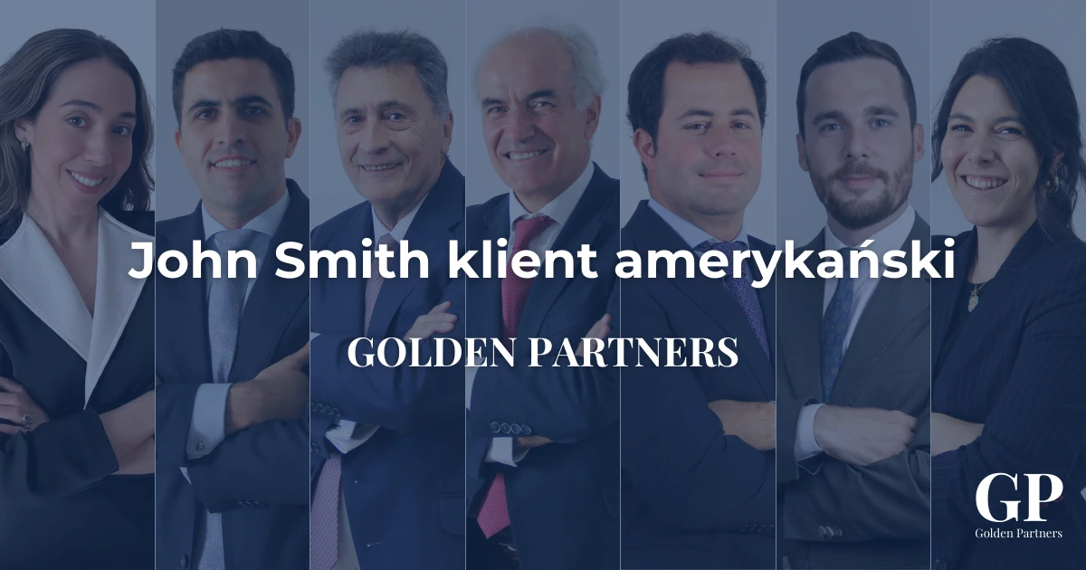 Zespół prawników Golden Partners oraz podpis: John Smith klient amerykański — obsługa inwestorów z USA w Hiszpanii.