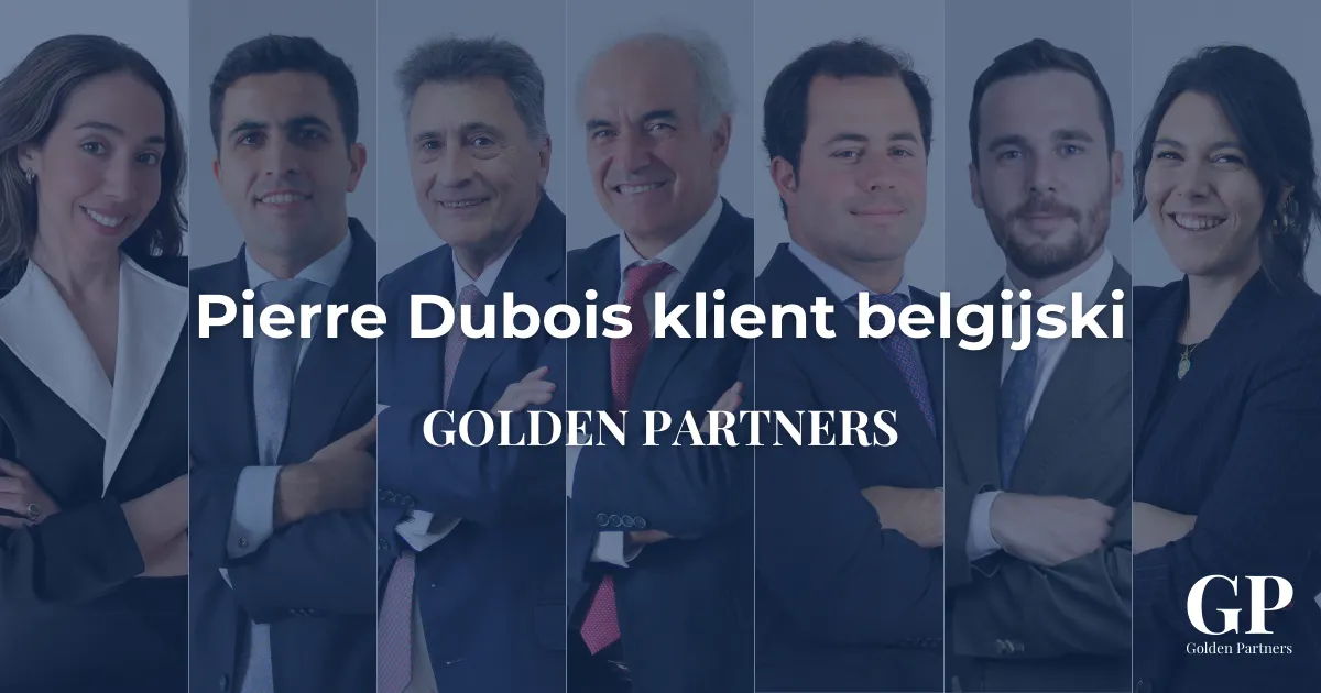 Zespół prawników Golden Partners oraz napis „Pierre Dubois klient belgijski”, prezentacja obsługi klientów zagranicznych w Hiszpanii.