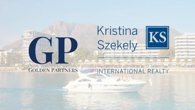 Logotipo de Golden Partners, el despacho de abogados inmobiliarios Marbella, junto a Kristina Szekely International Realty con vistas al mar y La Concha.