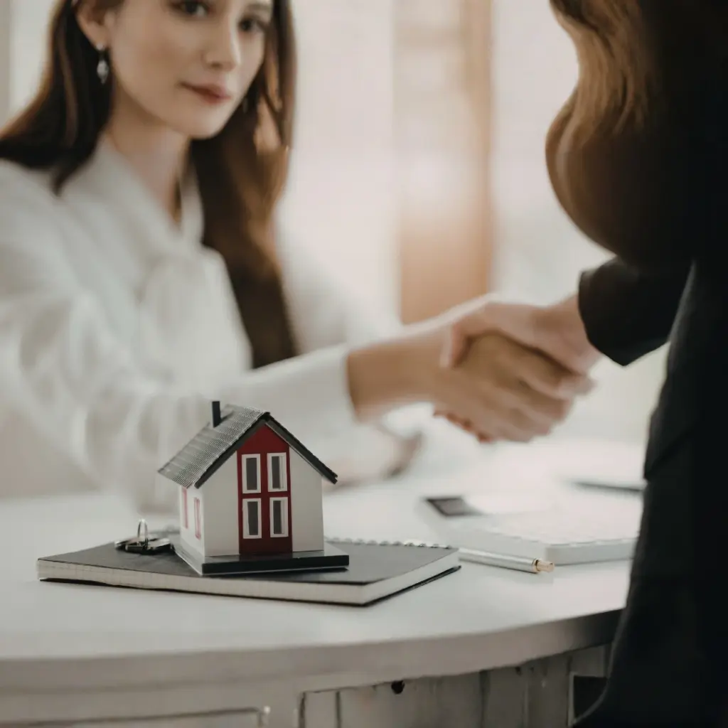 Close-up of a property handshake deal, with a model house and keys on the table, a clear symbol of where to invest in Spain with a trusted agent.