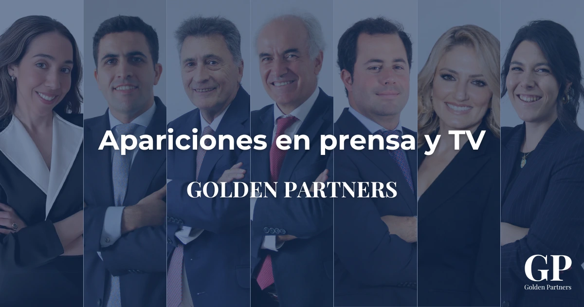 Imagen de cabecera titulada "Apariciones en prensa y TV" que muestra a siete profesionales del equipo de Golden Partners sonriendo, con el logotipo de la firma en la esquina inferior derecha.